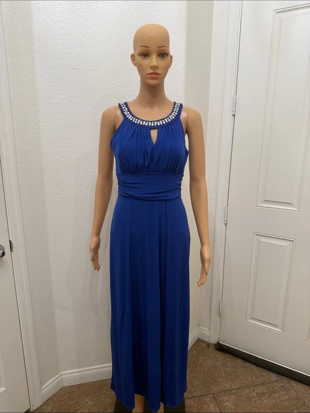 Enfocus Petites Beaded Pearl Rhinestone Neckline Royal Cobalt Blue Maxi Dress 4
